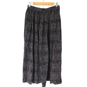 Hope Vintage 100% Silk Paisley Pleated Maxi Skirt Black Blue Multi Size 10